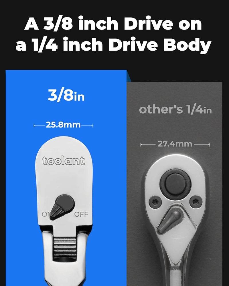 toolant 1/2" Drive Flex Head Ratchet, 90 Tooth Compact Flex Head Socket Ratchet Wrench, 17 Inch Length - Image 2